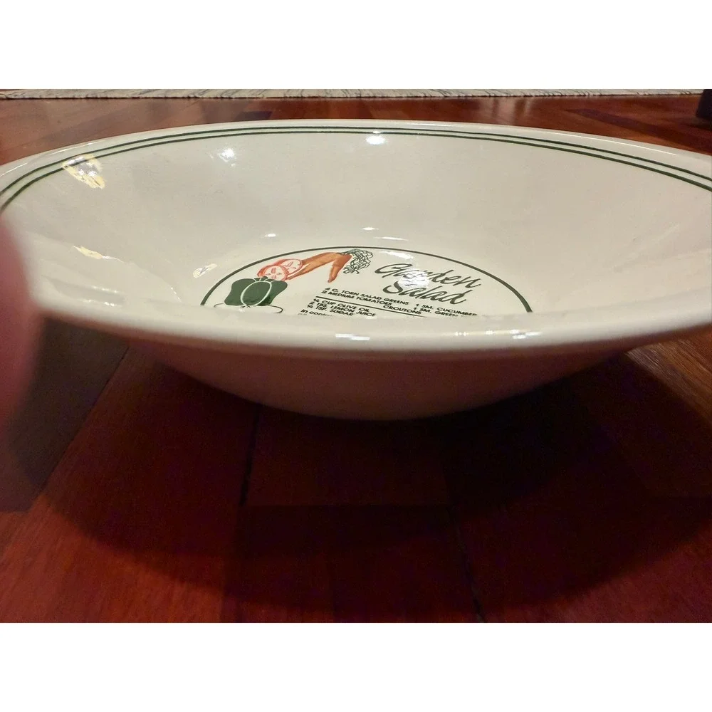 Vintage‎ Garden Salad Recipe Ceramic Serving Bowl White Green Stripe Farmhouse